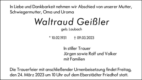 Traueranzeige von Waltraud Geißler von Darmstädter Echo