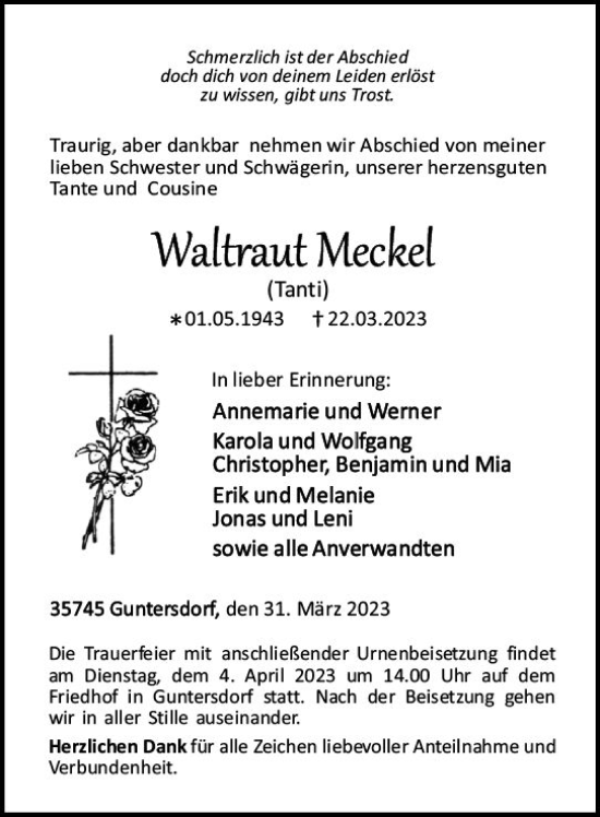 Traueranzeige von Waltraut Meckel von Dill Block