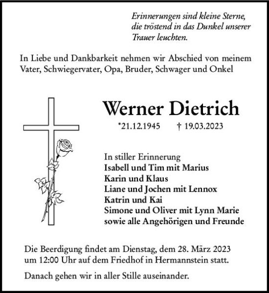 Traueranzeige von Werner Dietrich von Wetzlarer Neue Zeitung