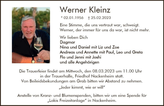 Traueranzeige von Werner Kleinz von Allgemeine Zeitung Mainz