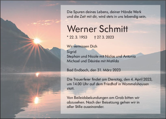 Traueranzeige von Werner Schmitt von Hinterländer Anzeiger