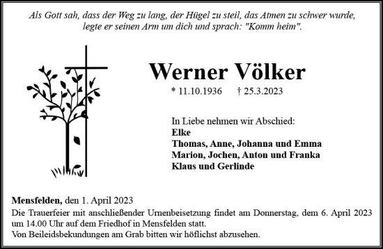 Traueranzeige von Werner Völker von Nassauische Neue Presse