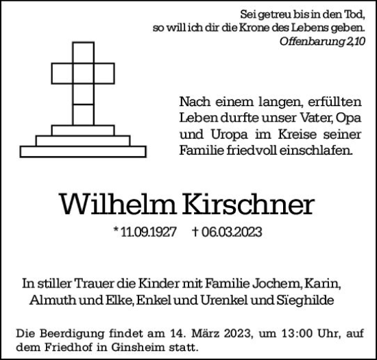 Traueranzeige von Wilhelm Kirschner von Rüsselsheimer Echo