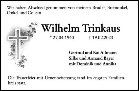 Traueranzeige von Wilhelm Trinkaus von Odenwälder Echo