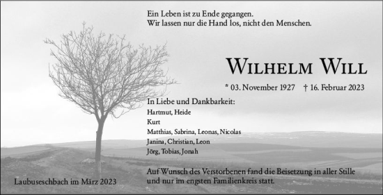 Traueranzeige von Wilhelm Will von Weilburger Tageblatt