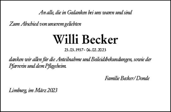 Traueranzeige von Willi Becker von Nassauische Neue Presse