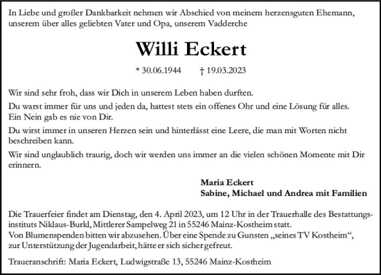 Traueranzeige von Willi Eckert von Allgemeine Zeitung Mainz