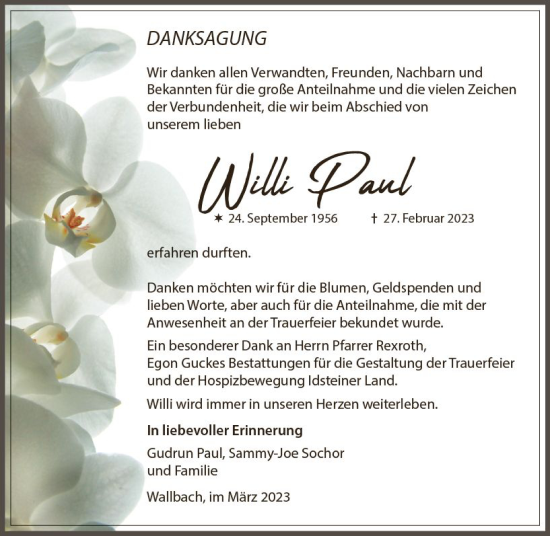 Traueranzeige von Willi Paul von Wiesbadener Kurier