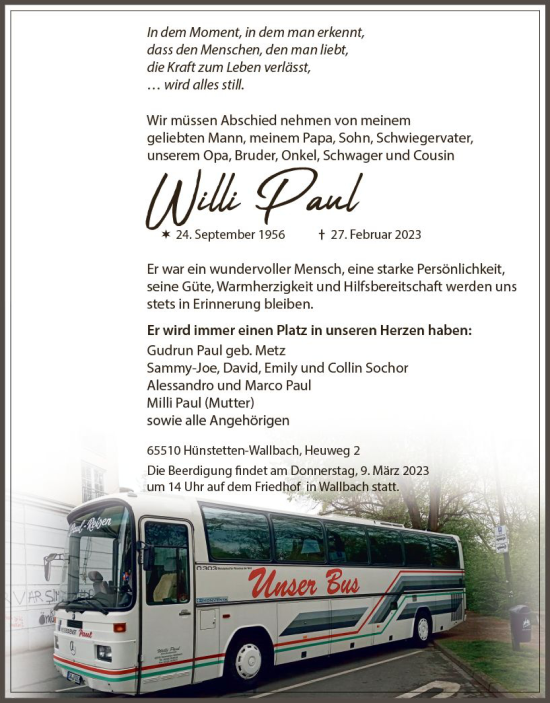Traueranzeige von Willi Paul von Wiesbadener Kurier