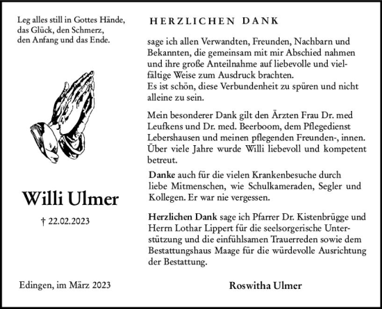 Traueranzeige von Willi Ulmer von Dill Block