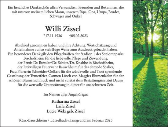 Traueranzeige von Willi Zissel von Rüsselsheimer Echo