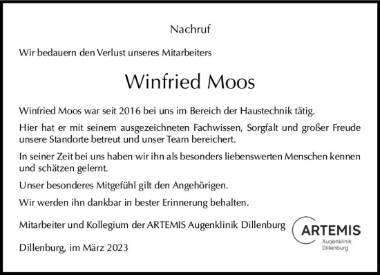 Traueranzeige von Winfried Moos von Dill Block