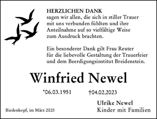 Traueranzeige von Winfried Newel von Hinterländer Anzeiger