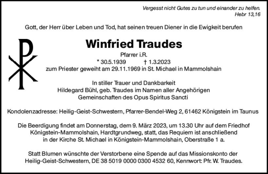 Traueranzeige von Winfried Traudes von Wiesbadener Kurier
