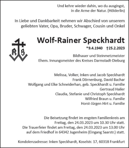 Traueranzeige von Wolf-Rainer Speckhardt von Darmstädter Echo
