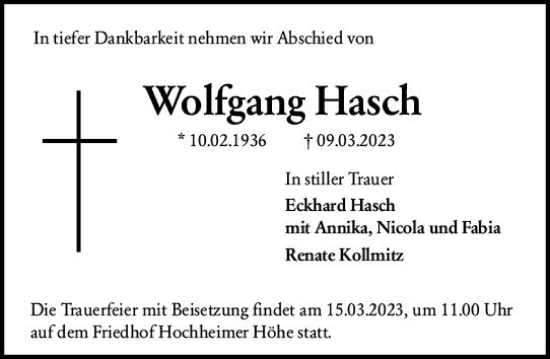 Traueranzeige von Wolfgang Hasch von Wormser Zeitung