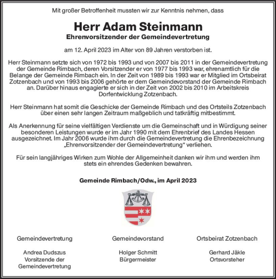 Traueranzeige von Adam Steinmann von Starkenburger Echo