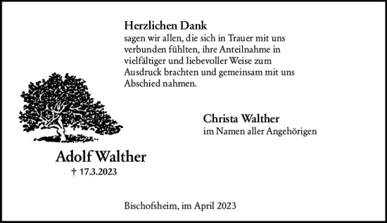 Traueranzeige von Adolf Walther von Rüsselsheimer Echo