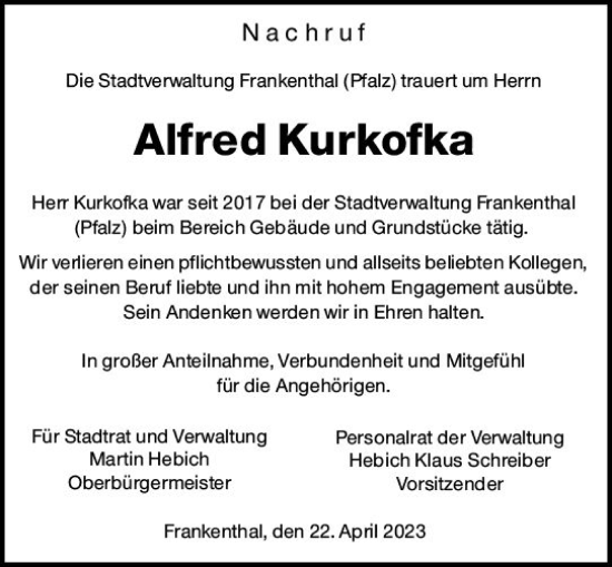 Traueranzeige von Alfred Kurkofka von Wormser Zeitung