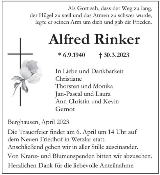 Traueranzeige von Alfred Rinker von Wetzlarer Neue Zeitung