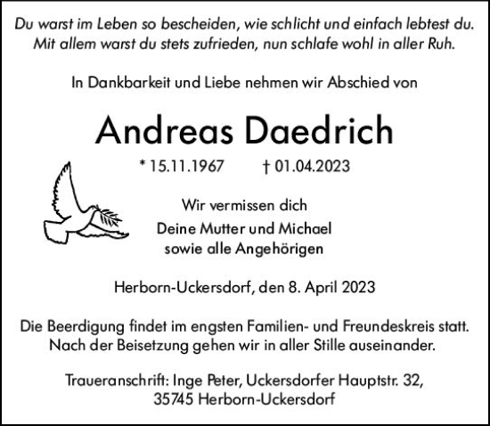 Traueranzeige von Andreas Daedrich von Dill Block