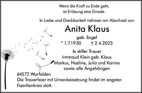 Traueranzeige von Anita Klaus von Groß-Gerauer Echo