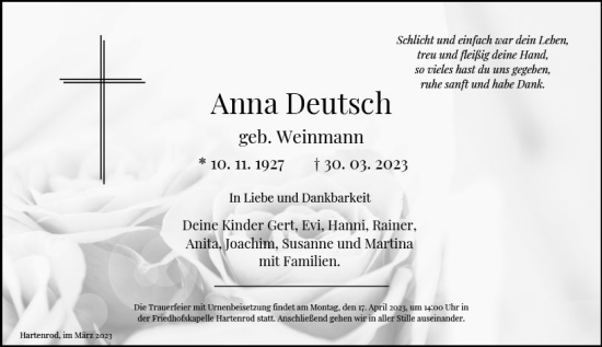 Traueranzeige von Anna Deutsch von Hinterländer Anzeiger