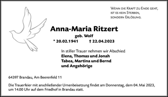 Traueranzeige von Anna-Maria Ritzert von Darmstädter Echo