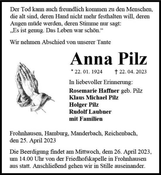 Traueranzeige von Anna Pilz von Dill Block