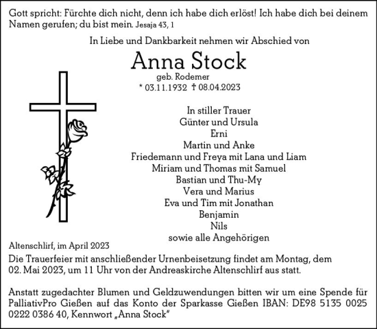 Traueranzeige von Anna Stock von VRM Trauer