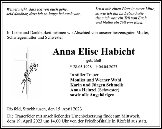 Traueranzeige von Anna Elise Habicht von VRM Trauer