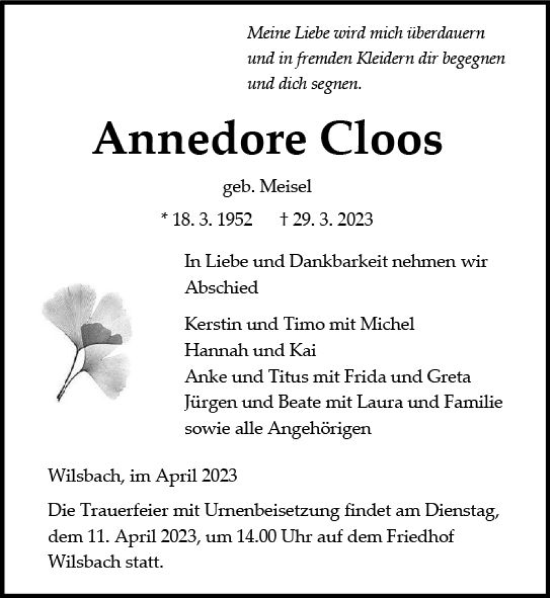 Traueranzeige von Annedore Cloos von Wetzlarer Neue Zeitung