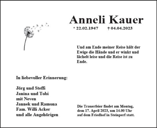 Traueranzeige von Anneli Kauer von Hinterländer Anzeiger