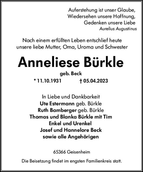 Traueranzeige von Anneliese Bürkle von Wiesbadener Kurier