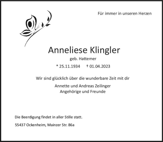 Traueranzeige von Anneliese Klingler von Allgemeine Zeitung Bingen/Ingelheim