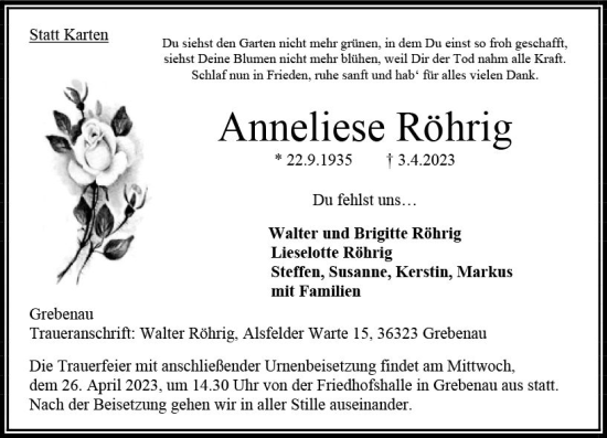 Traueranzeige von Anneliese Röhrig von VRM Trauer