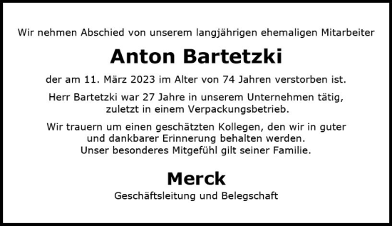 Traueranzeige von Anton Bartetzki von Darmstädter Echo