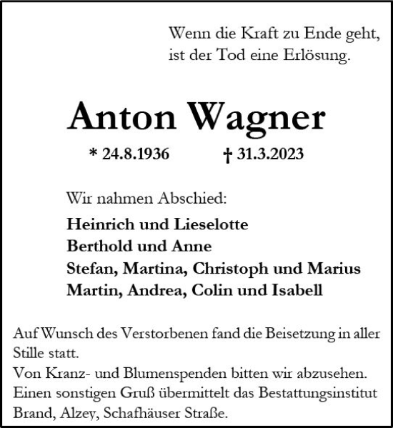Traueranzeige von Anton Wagner von Allgemeine Zeitung Alzey