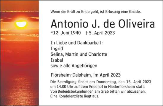 Traueranzeige von Antonio J. de Oliveira von Wormser Zeitung