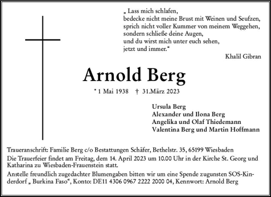 Traueranzeige von Arnold Berg von Wiesbadener Kurier