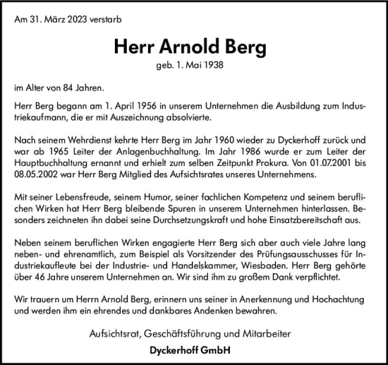 Traueranzeige von Arnold Berg von Wiesbadener Kurier