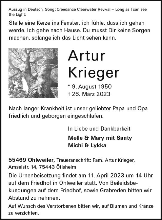 Traueranzeige von Artur Krieger von Camberger Anzeiger