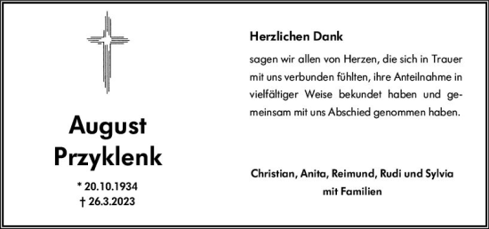 Traueranzeige von August Przyklenk von Hochheimer Zeitung