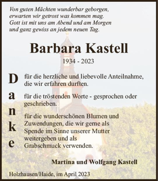 Traueranzeige von Barbara Kastell von Wiesbadener Kurier