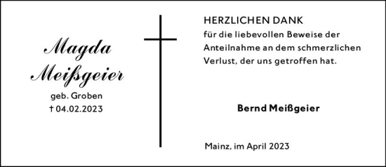 Traueranzeige von Bernd Meißgeier von Allgemeine Zeitung Mainz