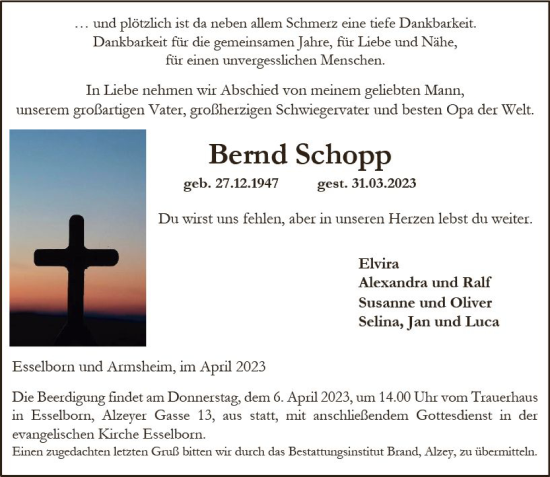 Traueranzeige von Bernd Schopp von Allgemeine Zeitung Alzey