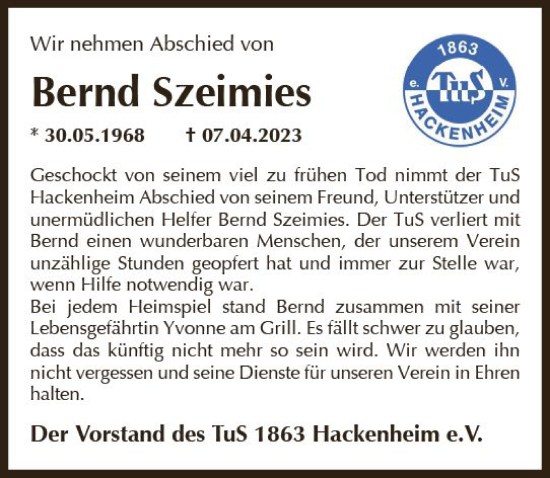 Traueranzeige von Bernd Szeimies von Allgemeine Zeitung Bad Kreuznach