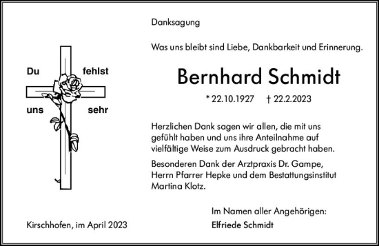 Traueranzeige von Bernhard Schmidt von Weilburger Tageblatt
