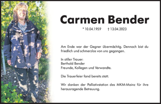 Traueranzeige von Carmen Bender von Allgemeine Zeitung Mainz
