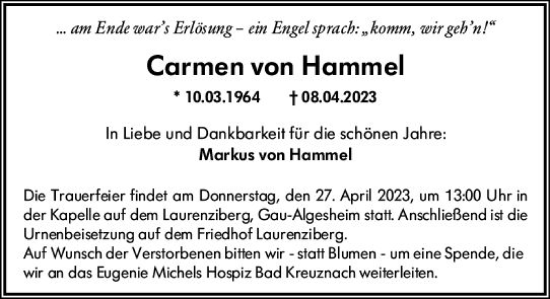 Traueranzeige von Carmen von Hammel von Allgemeine Zeitung Bingen/Ingelheim